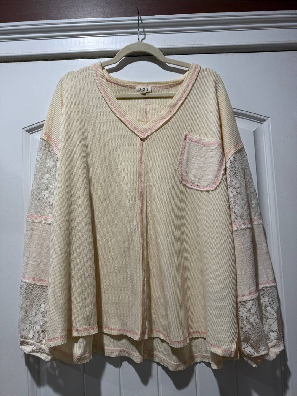 NWOT. POL Cream Knit V-Neck Top with Pink Trim and Lace Sleeves